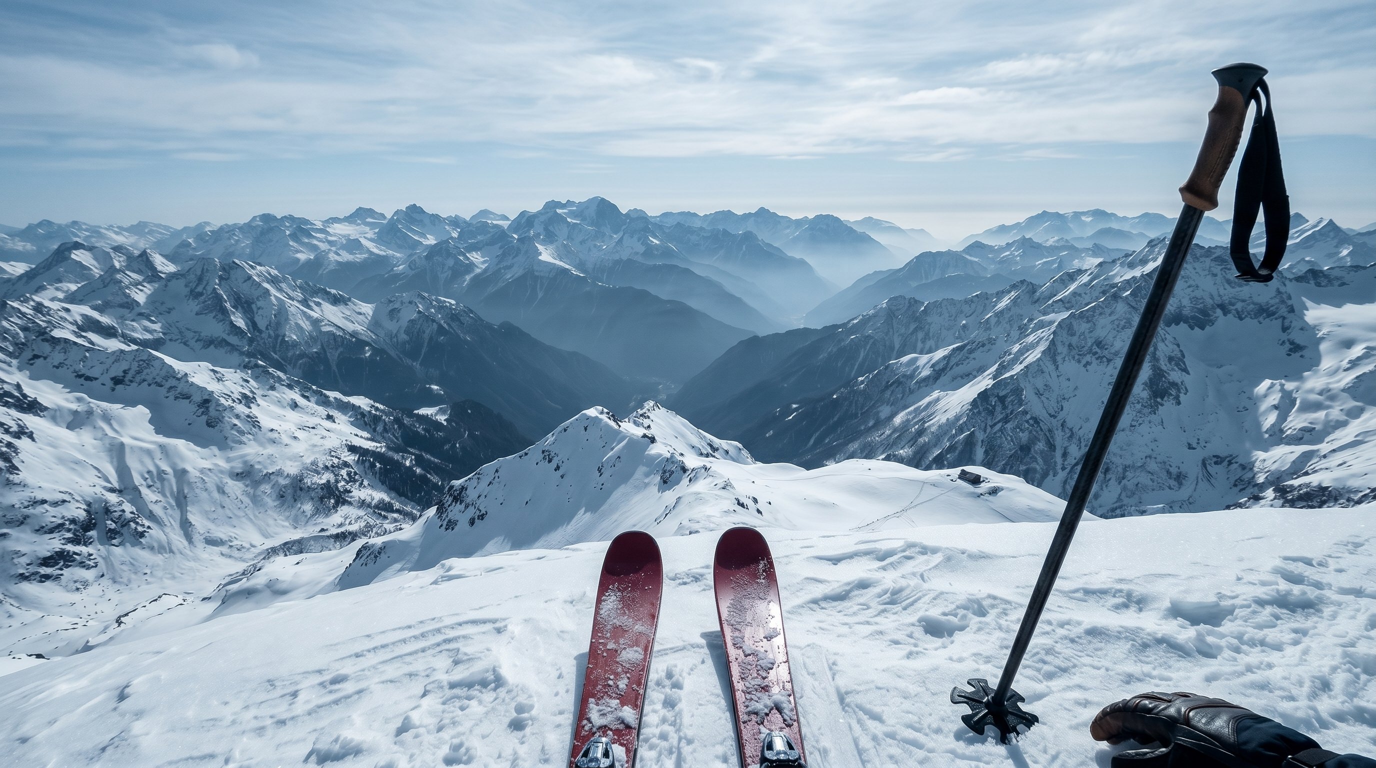 Mountain summit with skis